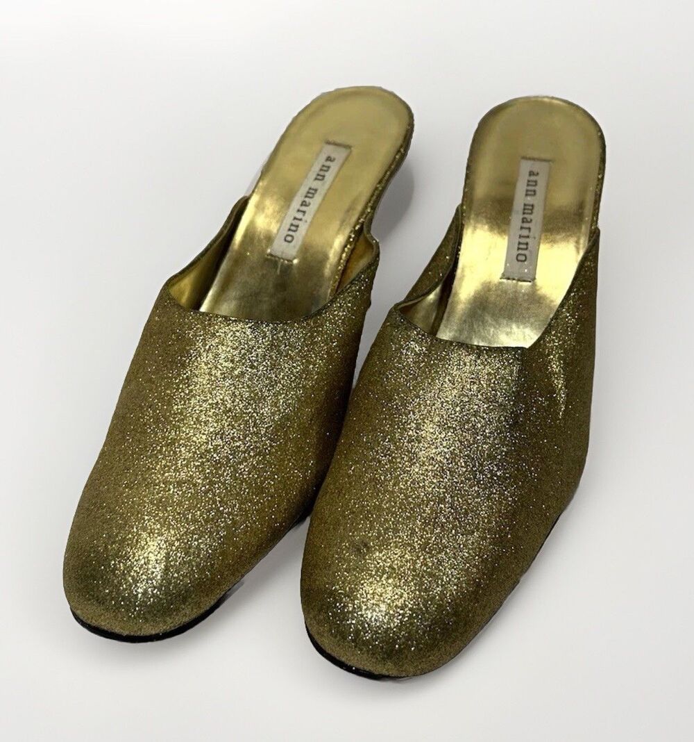 Ann Marino Gold Sparkle Almond Toe Block Heel Shoes Womens 10 - Picture 3 of 11